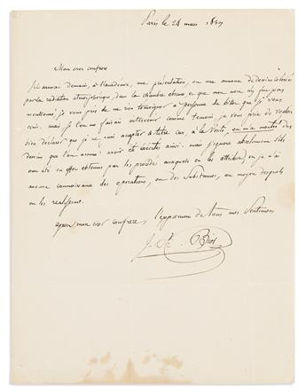 (SCIENTISTS.) BIOT, JEAN-BAPTISTE. Two Autograph Letters Signed, J.B. Biot or Biot, to François Arago or My very dear friend, in